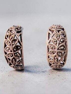 Vintage Sterling Silver And Marcasite C Hoop Earrings